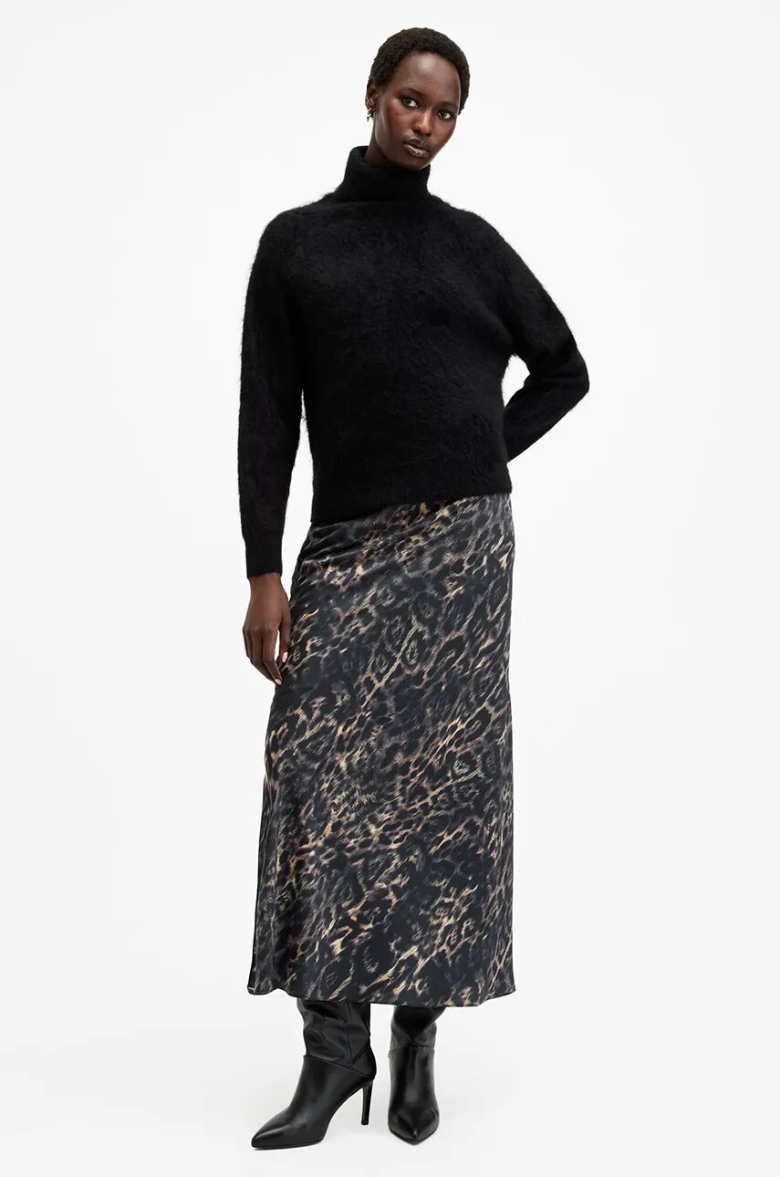 Sukňa AllSaints BRYONY hnedá farba, midi, áčkový strih, W069RB