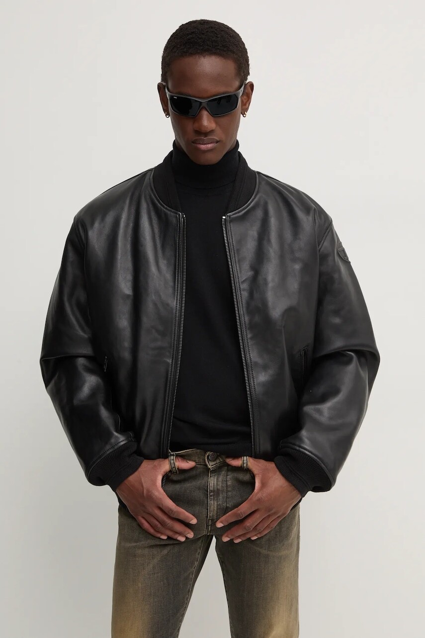 Kožená bunda bomber Diesel L-KHAN pánska, čierna farba, prechodná, oversize, A14435.0HJAC