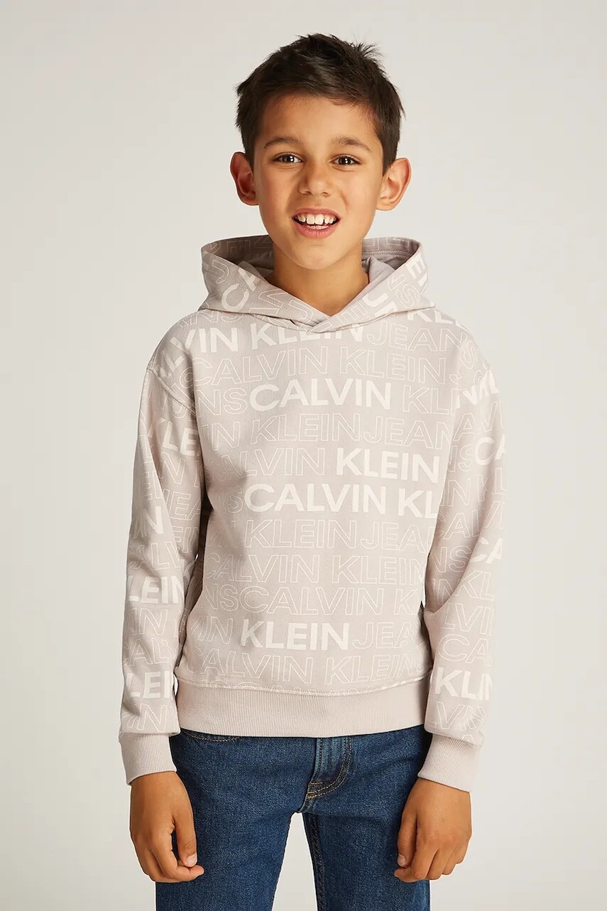 Detská bavlnená mikina Calvin Klein Jeans 0 béžová farba, s kapucňou, vzorovaná, IB0IB02381