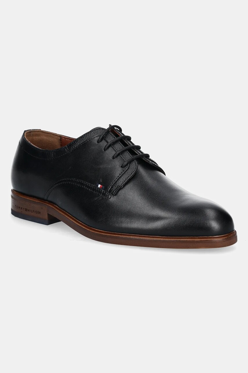 Kožené poltopánky Tommy Hilfiger HILFIGER THUNIT LEATHER SHOE pánske, čierna farba, FM0FM05472