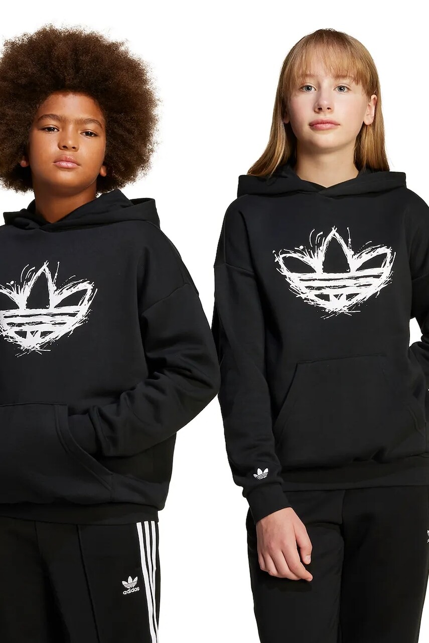 Detská mikina adidas Originals čierna farba, s kapucňou, s potlačou, JD0365