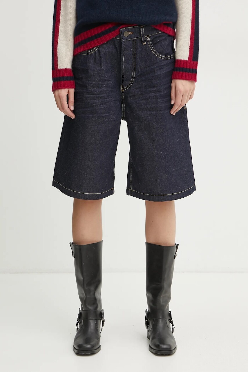 Rifľové krátke nohavice Diesel DE-SIRE-SHORT SHORTS dámske, tmavomodrá farba, jednofarebné, vysoký pás, A14051.0GRDV
