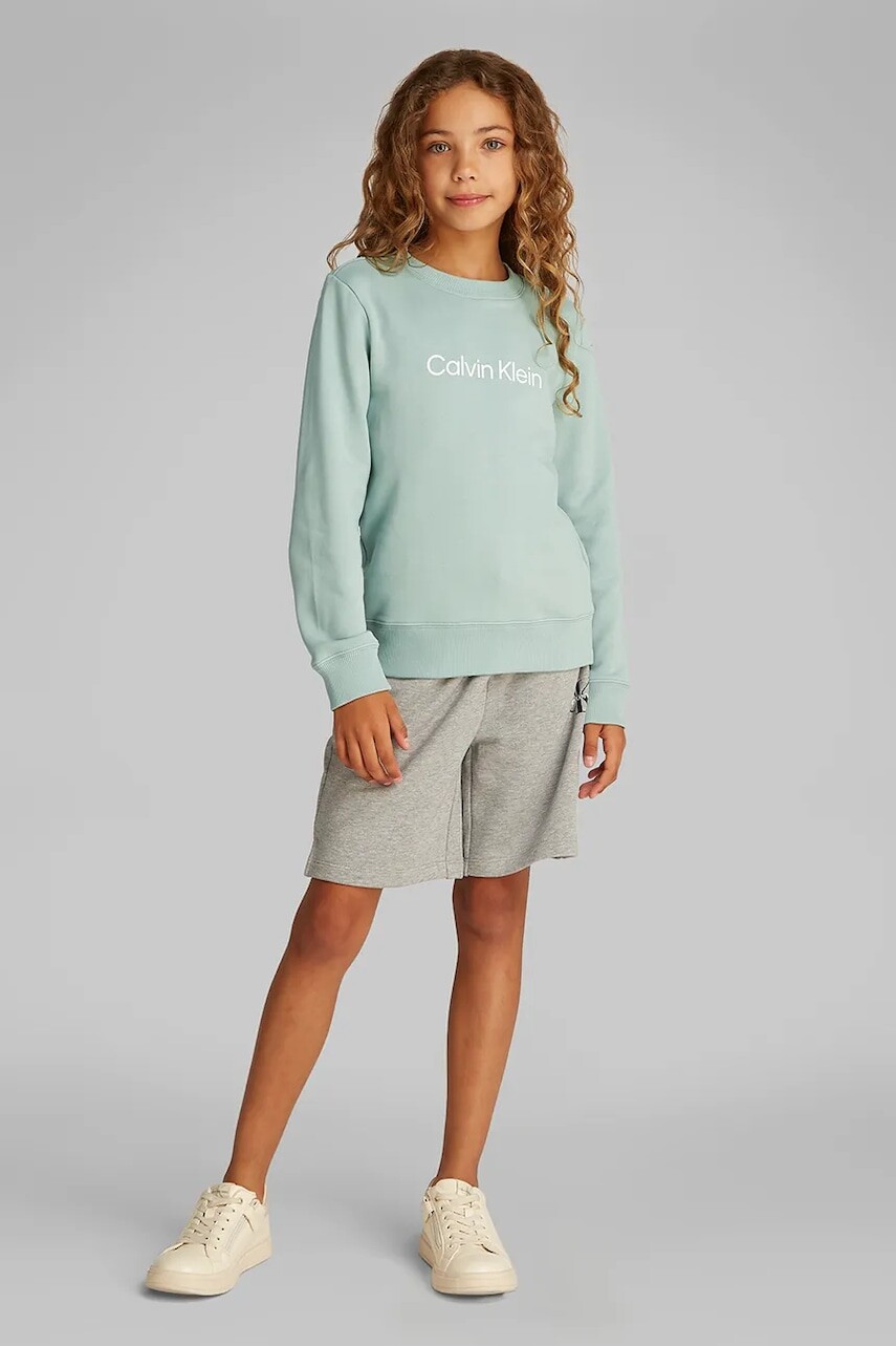 Detská bavlnená mikina Calvin Klein Jeans tyrkysová farba, s potlačou, IU0IU00680