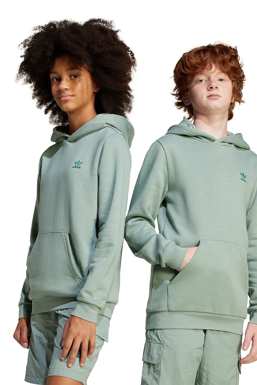 Detská mikina adidas Originals zelená farba, s kapucňou, jednofarebná, JC8415