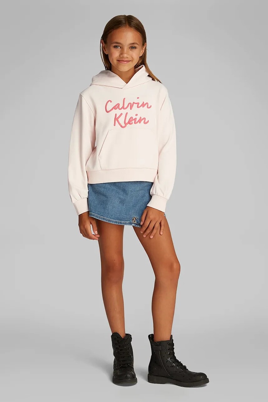 Detská mikina Calvin Klein Jeans ružová farba, s kapucňou, s potlačou, IG0IG02850