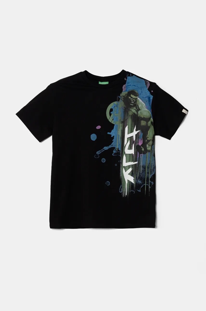 Detské bavlnené tričko United Colors of Benetton x Marvel čierna farba, s potlačou, 35RYC10N9