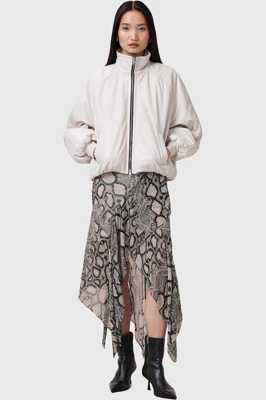 Sukňa s prímesou hodvábu AllSaints CASSIE viac farieb, midi, áčkový strih, W013RC