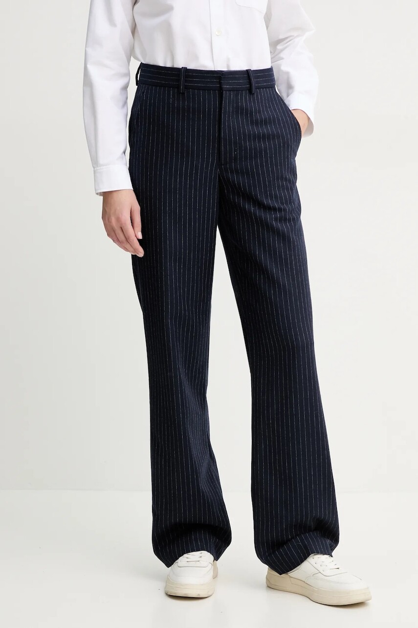 Vlnené nohavice A.P.C. pantalon jane dámske, tmavomodrá farba, rovné, vysoký pás, WOARO.F08467