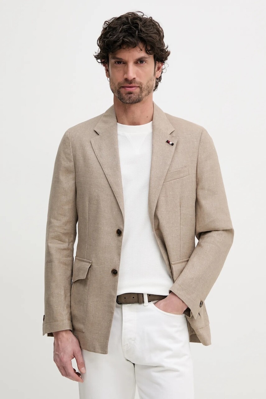 Ľanové sako Tommy Hilfiger béžová farba, SQTHL5965.SQTH503