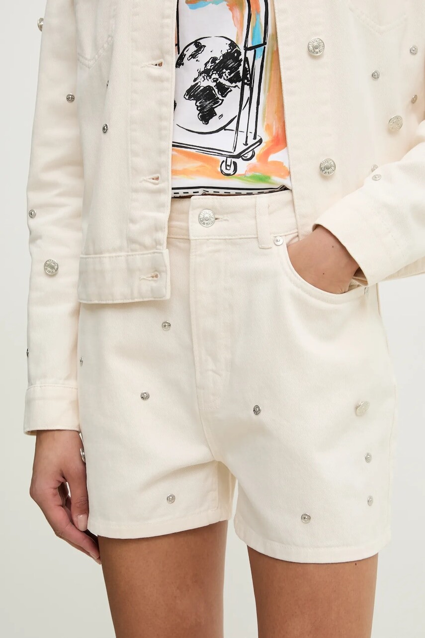 Rifľové krátke nohavice Moschino Jeans dámske, béžová farba, jednofarebné, vysoký pás, 0347 3718