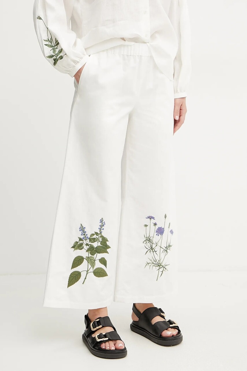 Nohavice s prímesou ľanu Weekend Max Mara dámske, biela farba, široké, vysoký pás, 2515131112600