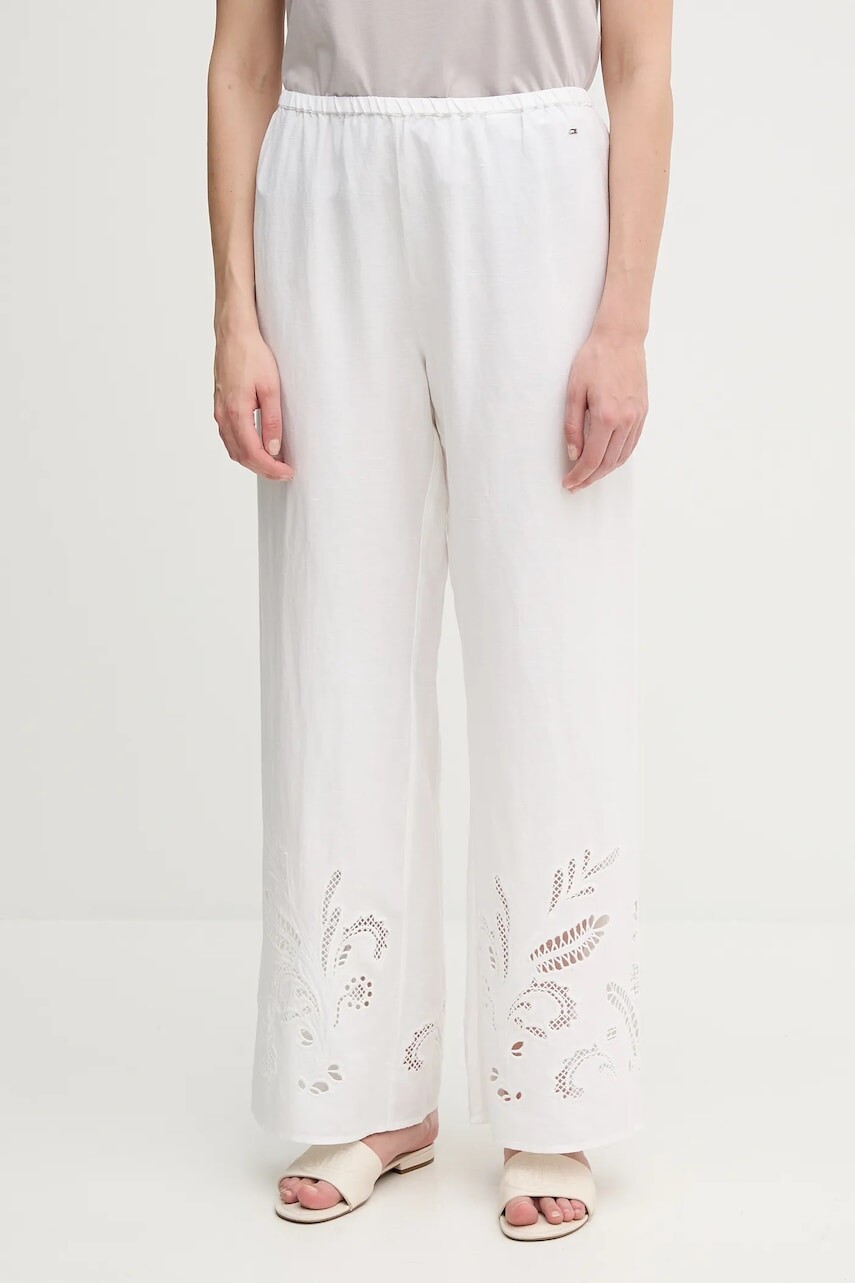 Ľanové nohavice Tommy Hilfiger béžová farba, rovný strih, vysoký pás, WW0WW44782