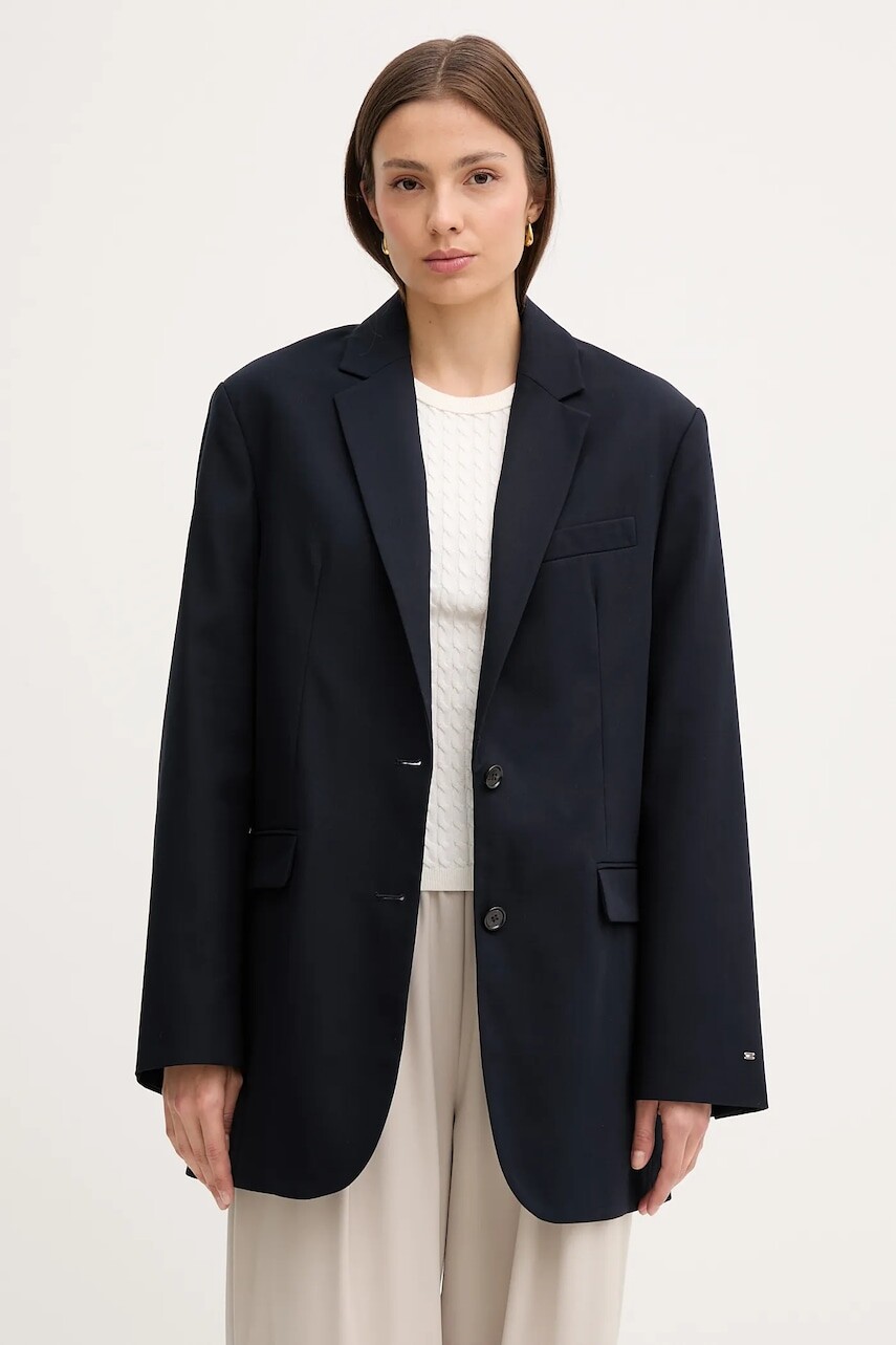 Bavlnené sako Tommy Hilfiger tmavomodrá farba, jednoradové, jednofarebné, WW0WW46808
