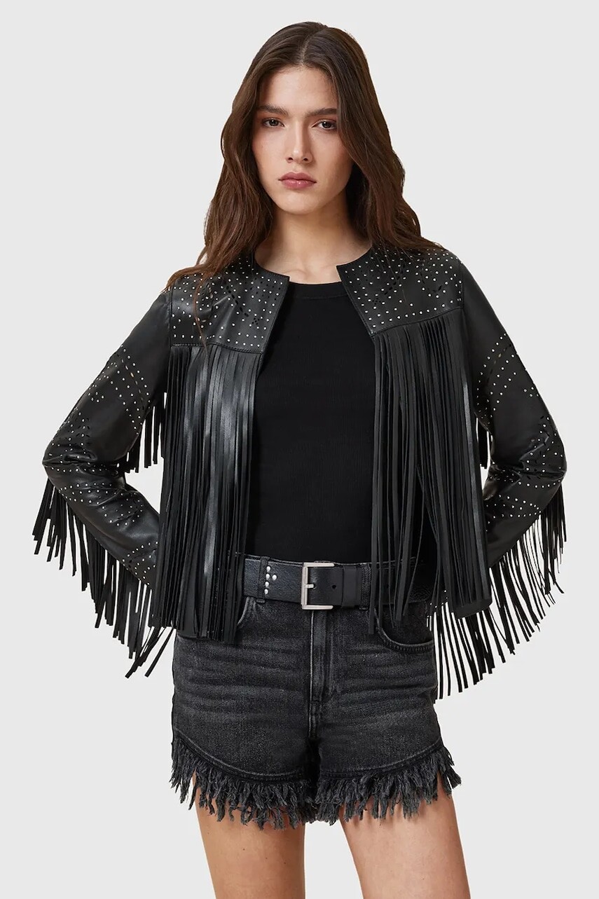 Kožená bunda AllSaints ASTA čierna farba, prechodná, W031LC