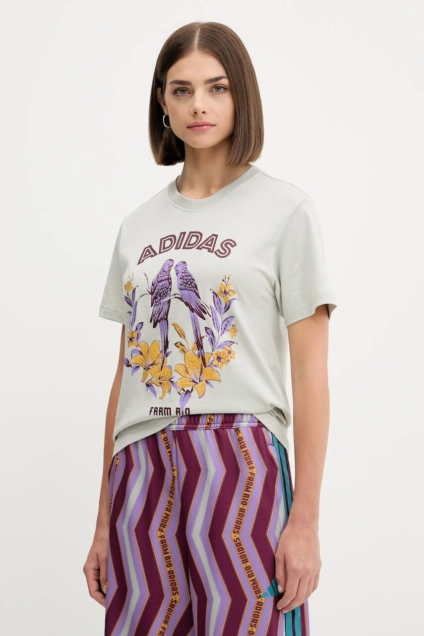 Bavlnené tričko adidas x Farm Rio dámske, šedá farba, JV8610