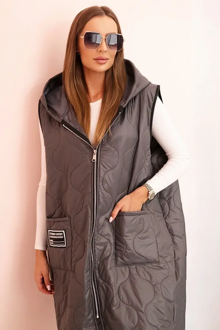 Kesi Włoski Dámska prešívaná vesta Plus Size s kapucňou na zips grafitová