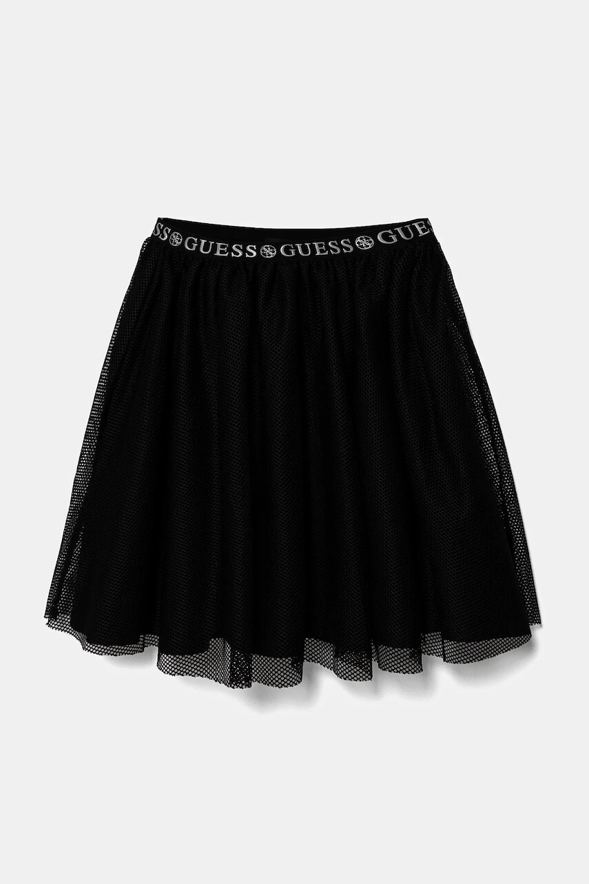 Dievčenská sukňa Guess čierna farba, mini, áčkový strih, J5RD11 KACZ0
