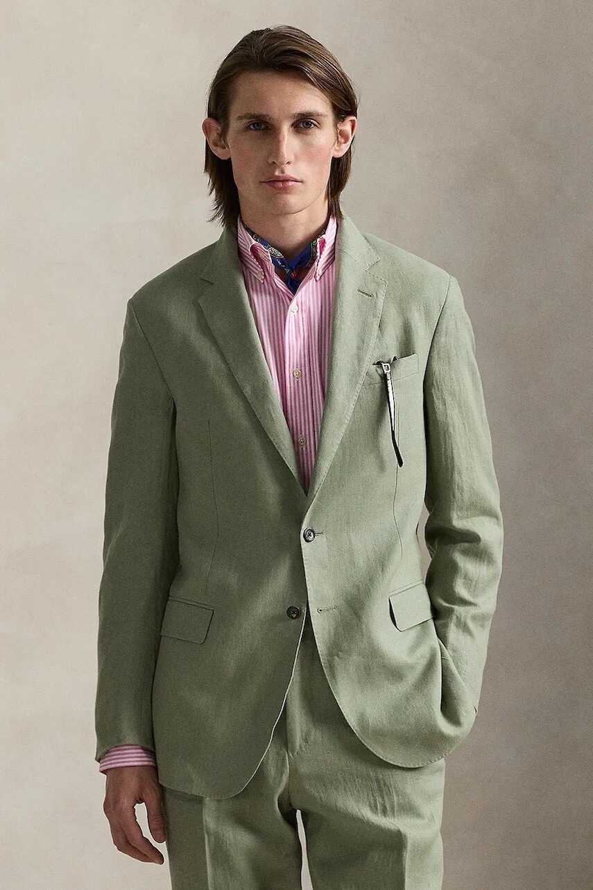 Ľanové sako Polo Ralph Lauren zelená farba, 715966909