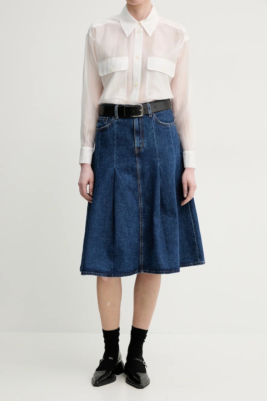 Rifľová sukňa Levi's PLEATED MIDI SKIRT tmavomodrá farba, midi, áčkový strih, 001VN