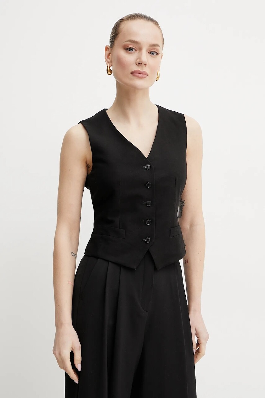 Vesta s prímesou ľanu Weekend Max Mara čierna farba, jednoradová, 2515151012600