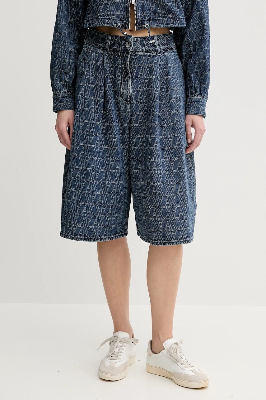 Rifľové krátke nohavice Armani Exchange tmavomodrá farba, vzorovaná, vysoký pás, XW001172 AF12844