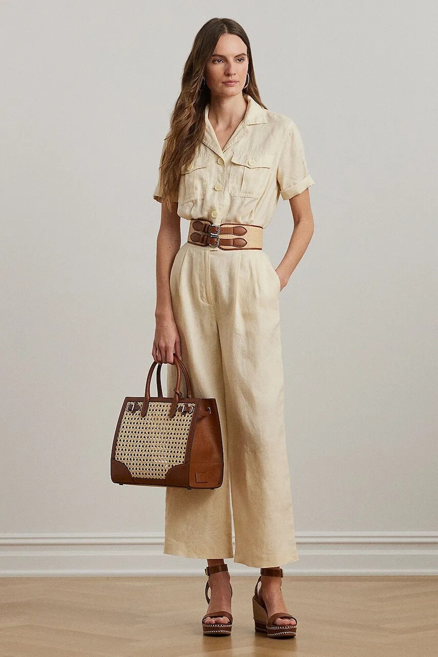 Ľanový overal Lauren Ralph Lauren béžová farba, s golierom, 200963735