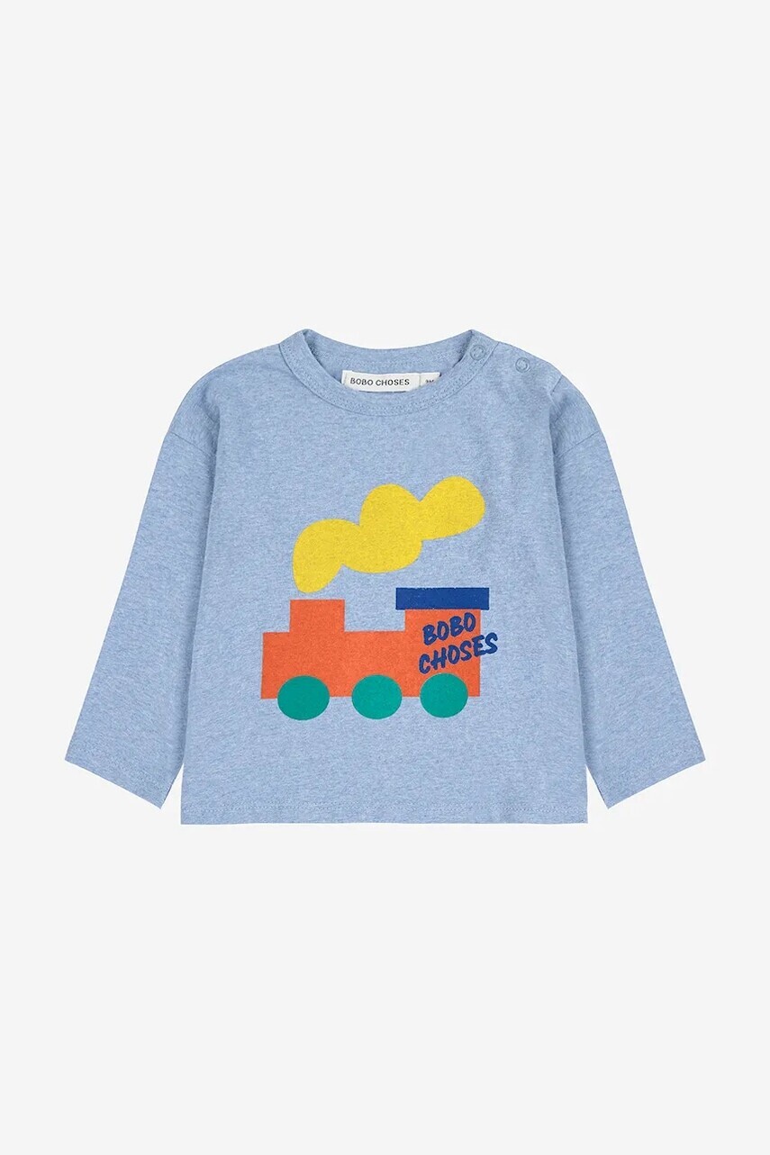 Detské bavlnené tričko s dlhým rukávom Bobo Choses Choo Choo modrá farba, s potlačou, 225AB034