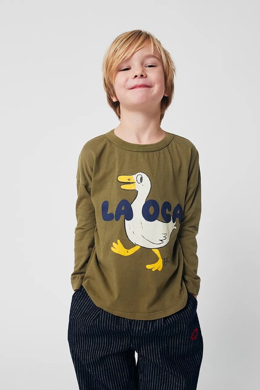 Detská bavlnená košeľa s dlhým rukávom Bobo Choses La Oca zelená farba, s potlačou, 225AC017