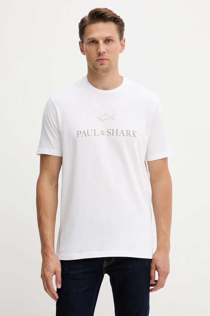 Bavlnené tričko Paul&Shark Knitwear pánske, biela farba, s nášivkou, 15311629
