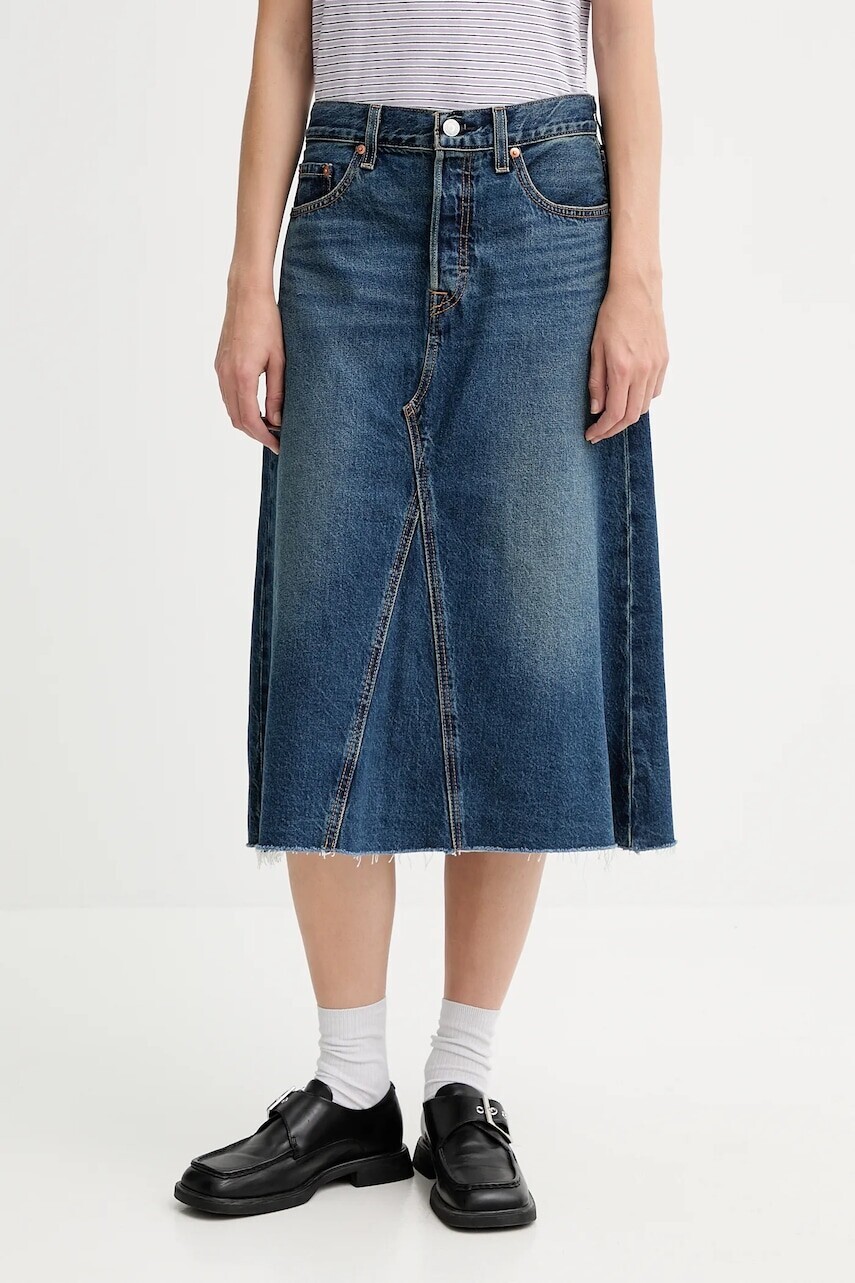 Rifľová sukňa Levi's modrá farba, midi, áčkový strih, A9316