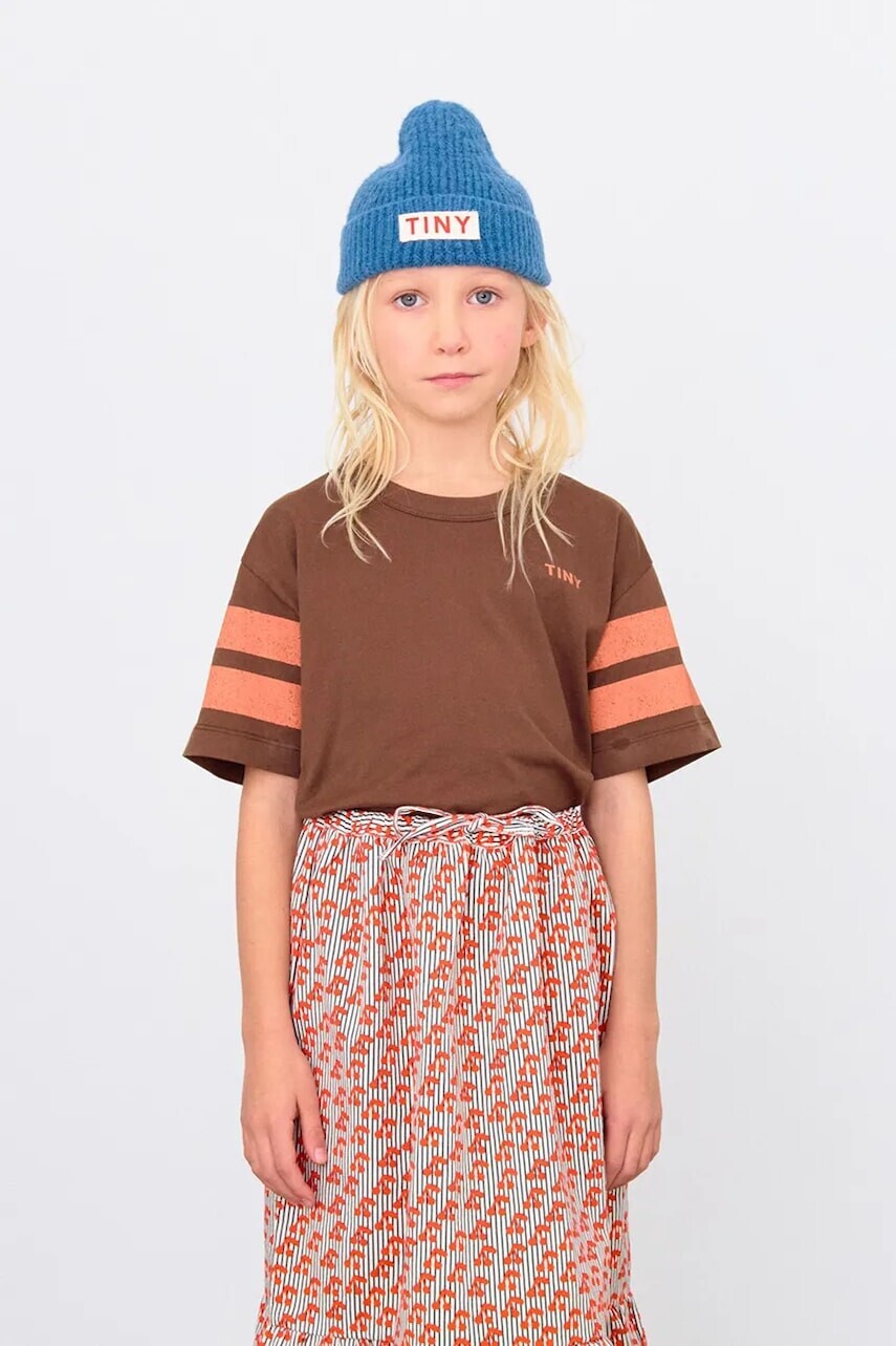Detské bavlnené tričko Tinycottons STRIPES LOGO TEE hnedá farba, s potlačou, AW25-001