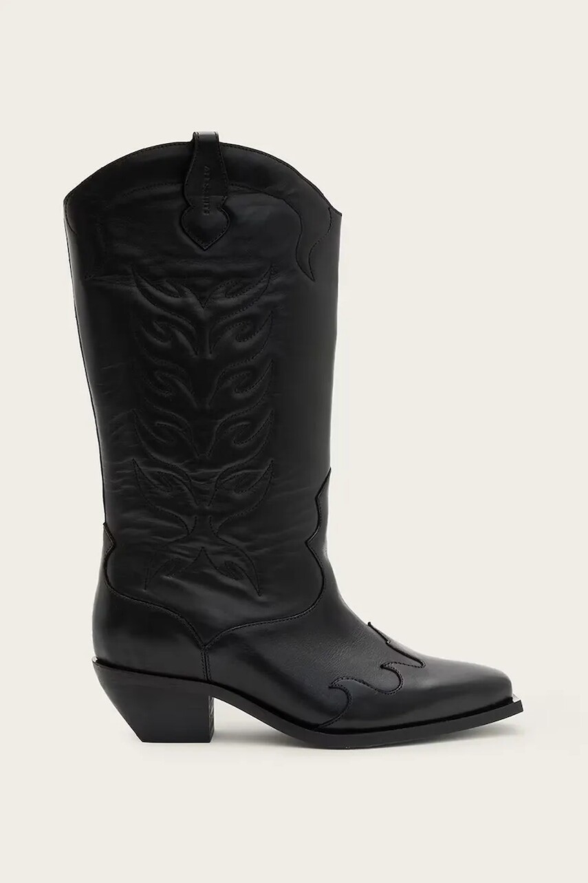 Kožené kovbojské topánky AllSaints DOLLY BOOT čierna farba, na podpätku, W063FC
