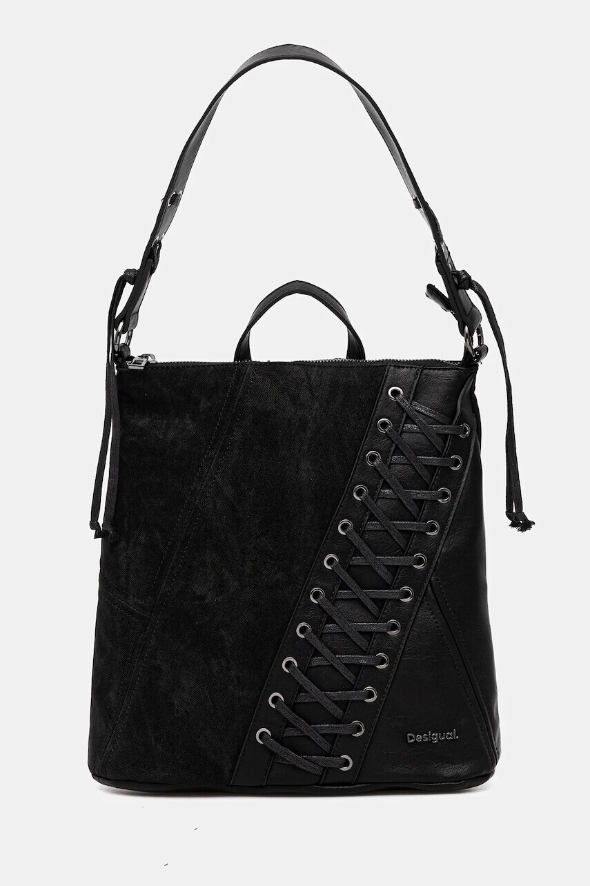 Ruksak Desigual BLACK PATCH TANGO P dámsky, čierna farba, malý, s nášivkou, 25WAKP12