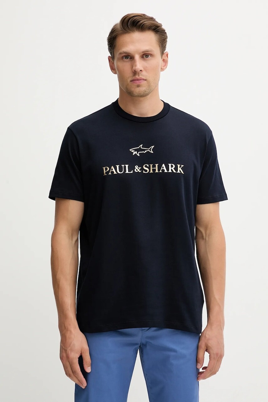 Bavlnené tričko Paul&Shark Knitwear pánske, tmavomodrá farba, s potlačou, 99311007