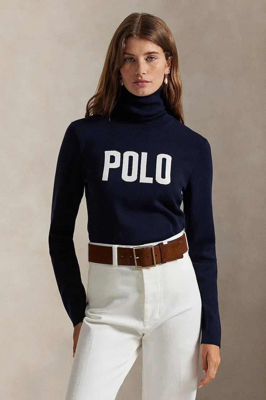 Bavlnený sveter Polo Ralph Lauren tmavomodrá farba, s rolákom, 211972136