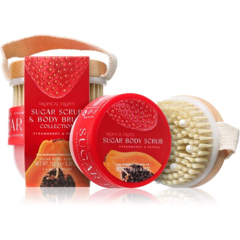 The Somerset Toiletry Co. Tropical Fruits Strawberry & Papaya cukrový telový peeling + kefa 150 g