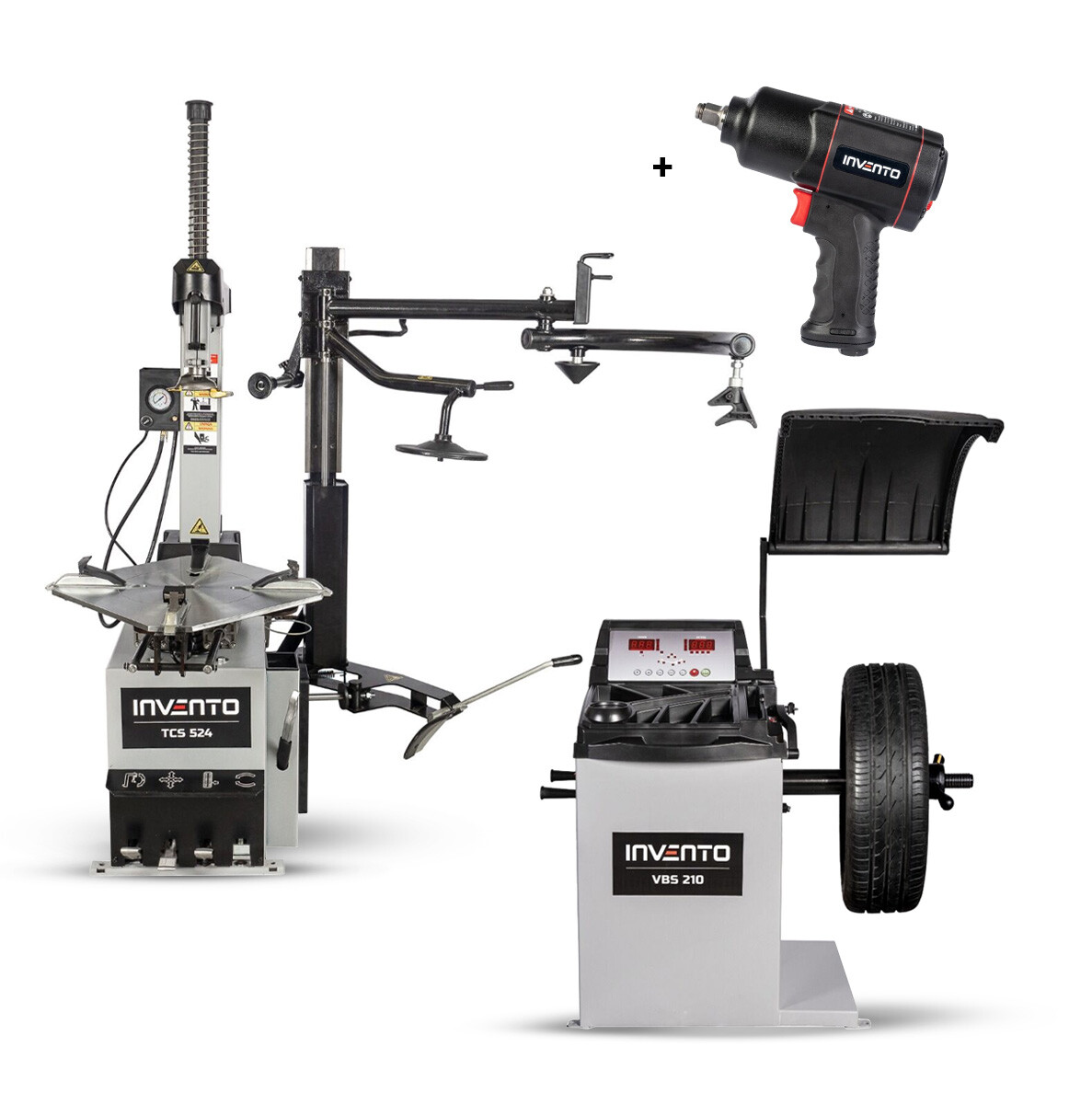 Invento Zvýhodnený set pre pneuservis – prezúvačka s pomocným ramenom TCS 524 2V HA, vyvažovačka VBS 210, pneumatický uťahovák 1600Nm