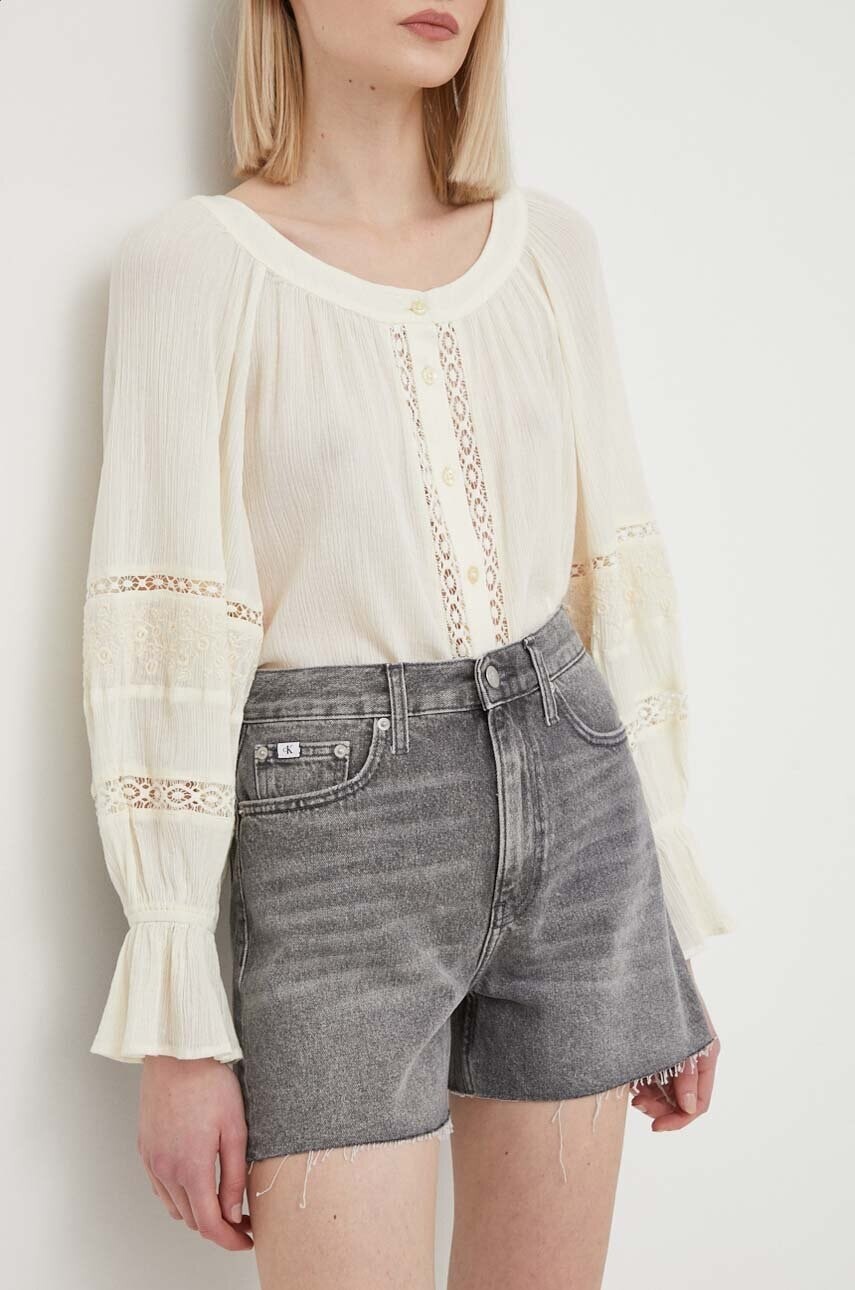 Rifľové krátke nohavice Calvin Klein Jeans dámske,šedá farba,jednofarebné,vysoký pás,J20J223508