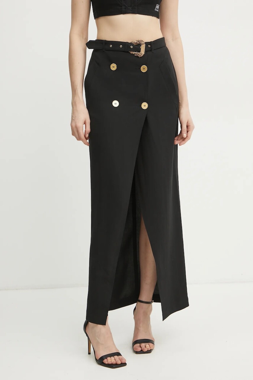 Sukňa s prímesou ľanu Versace Jeans Couture čierna farba, maxi, rovný strih, 78HAE802 N0432