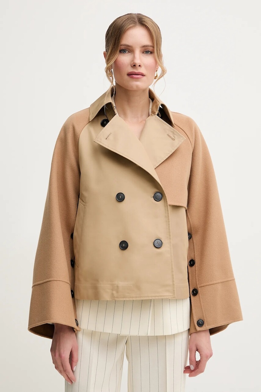 Kabát s prímesou vlny Weekend Max Mara hnedá farba, prechodný, dvojradový, 2515081041600