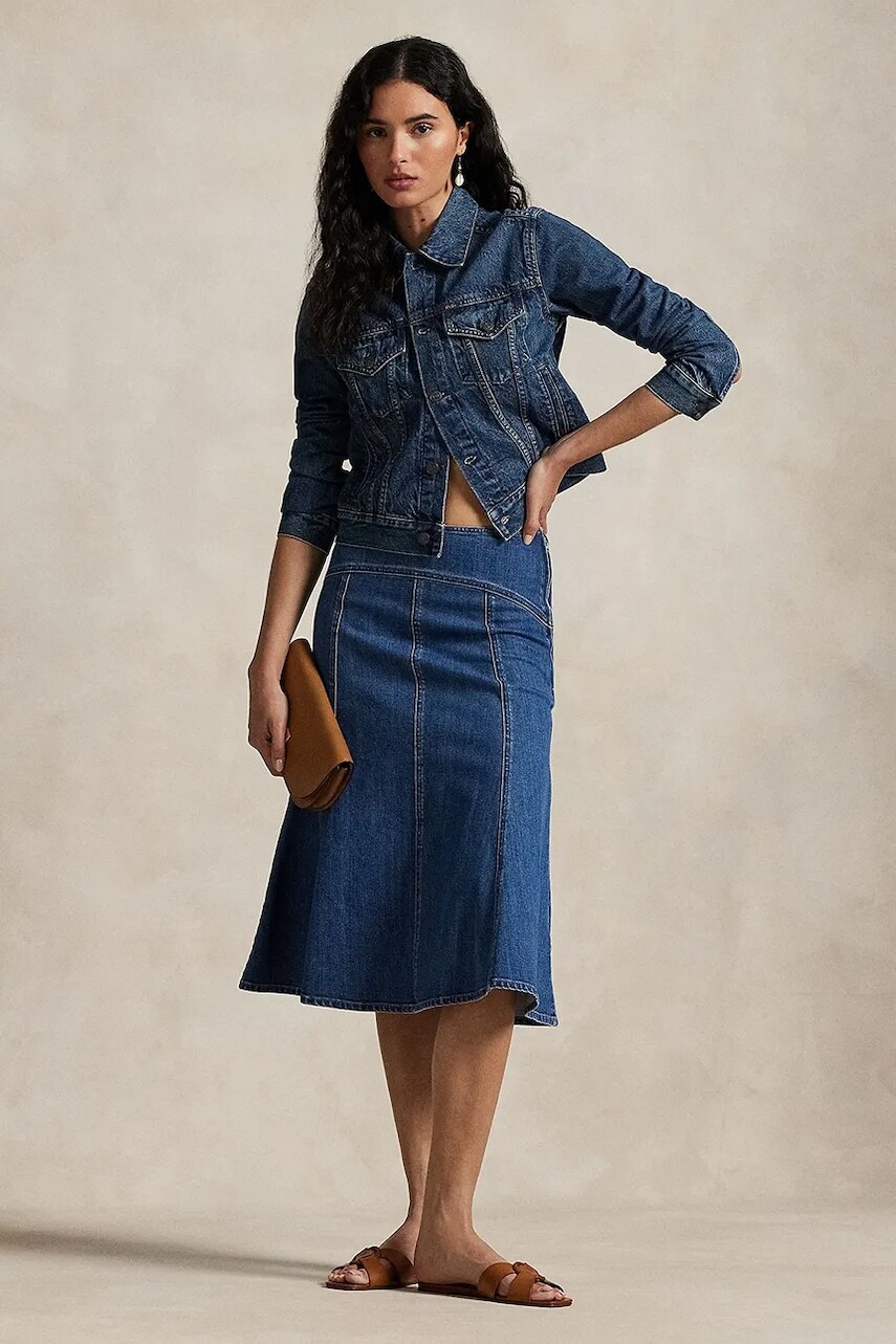 Bavlnená rifľová sukňa Polo Ralph Lauren midi, áčkový strih, 211964731