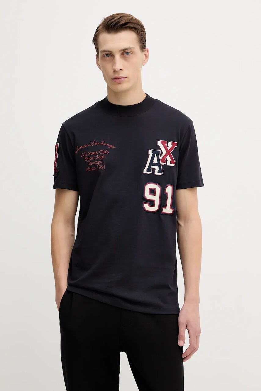 Bavlnené tričko Armani Exchange pánske, tmavomodrá farba, s nášivkou, XM001452 AF10361