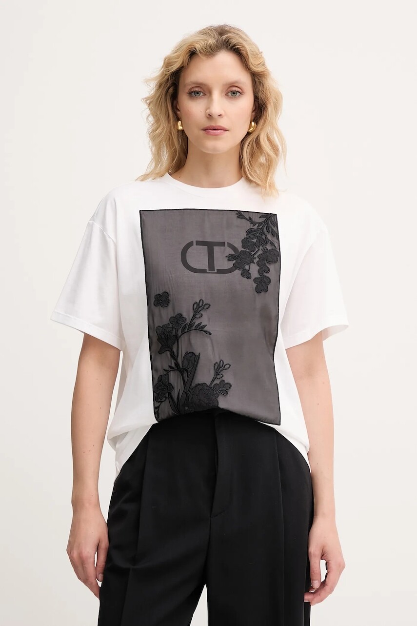 Bavlnené tričko Twinset dámske, biela farba, 252TP2053