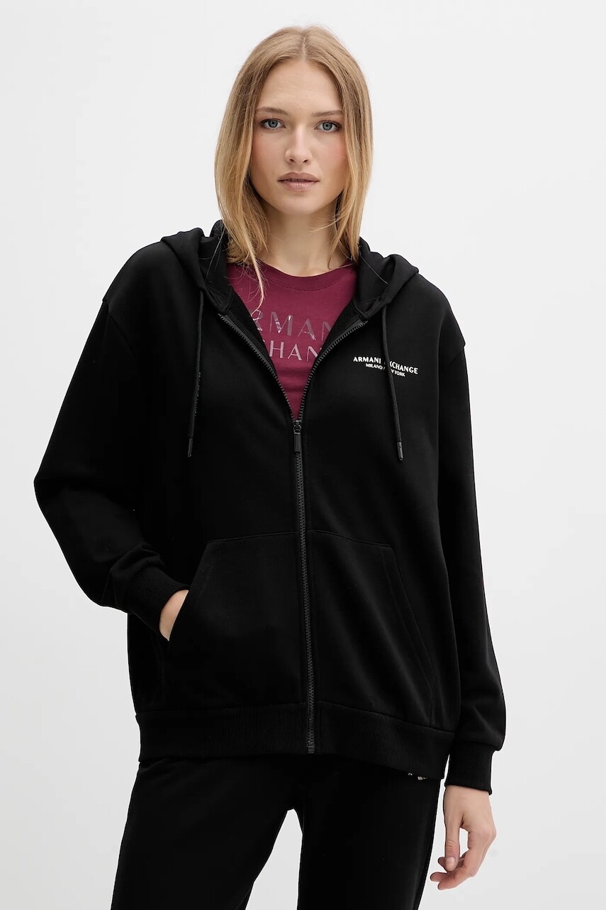 Bavlnená mikina Armani Exchange čierna farba, s kapucňou, jednofarebná, XW001452 AF10830