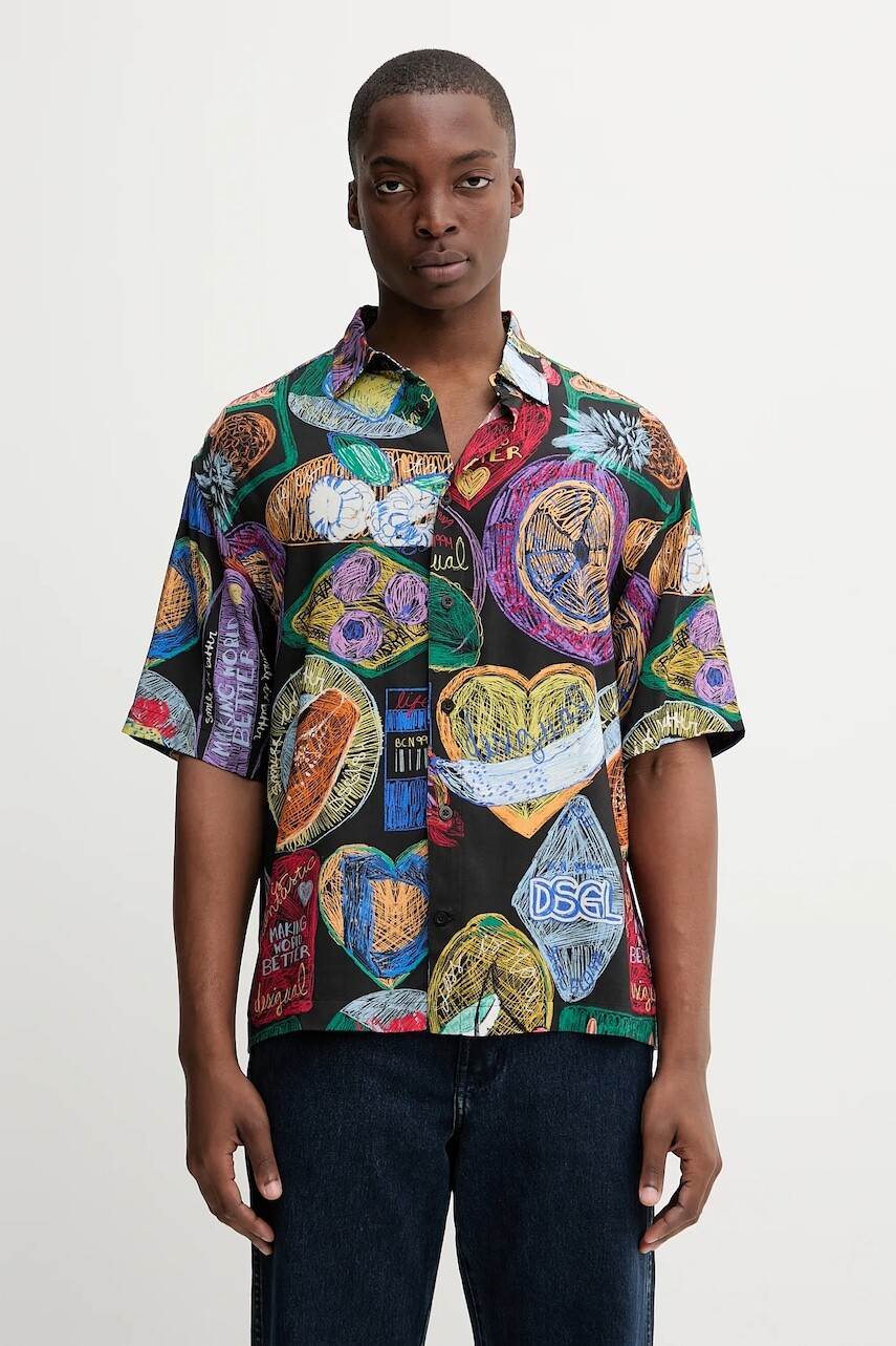 Košeľa Desigual LIMA čierna farba, voľný strih, s klasickým golierom, 25WMCW10