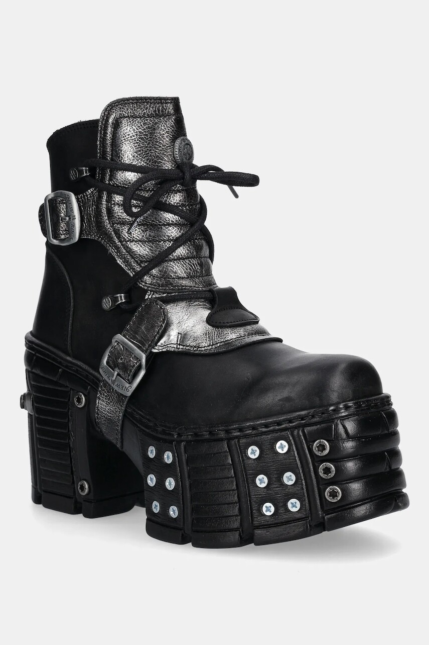 Kožené členkové topánky New Rock ITALI NEGRO BOX PLANE čierna farba, na podpätku, M-TM004-C3