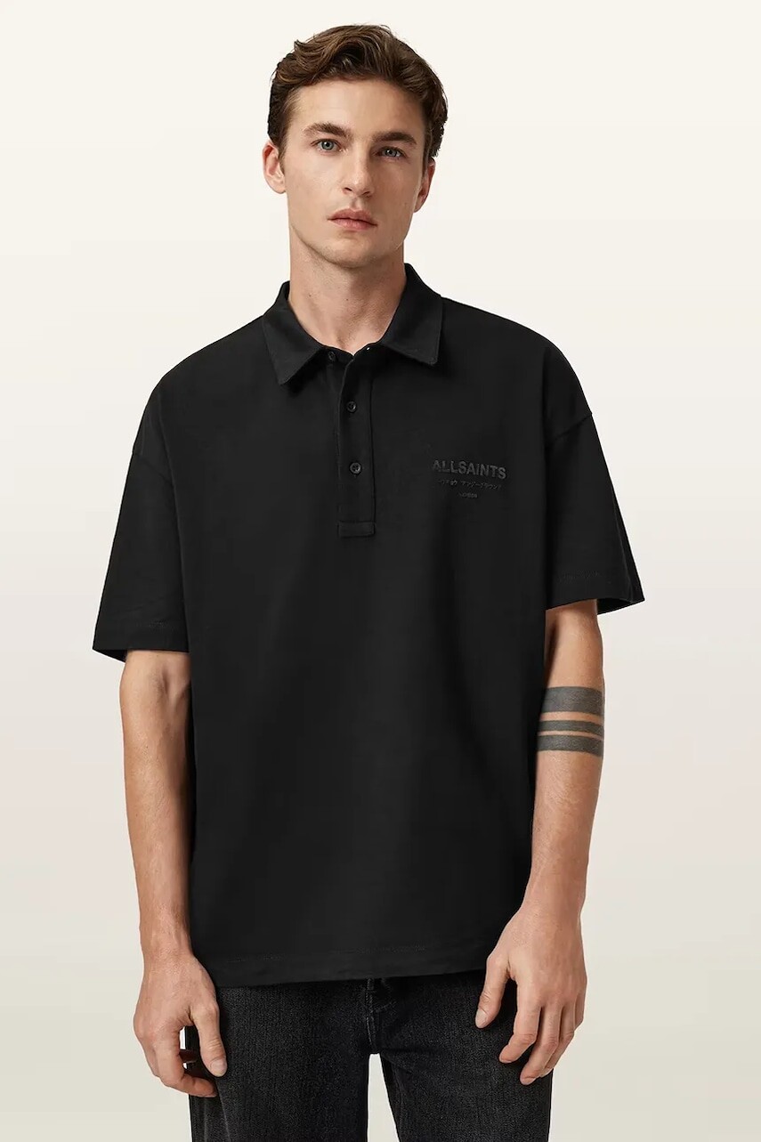 Bavlnené polo tričko AllSaints XANDER čierna farba, jednofarebné, M071PC