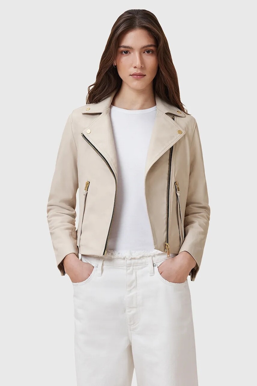 Kožená bunda AllSaints DALBY béžová farba, prechodná, W087LB