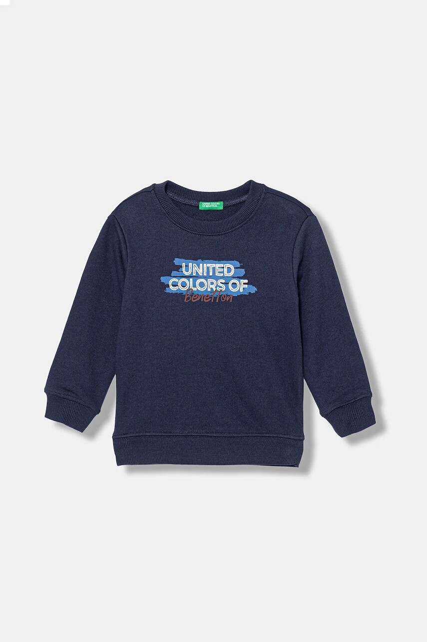 Detská bavlnená mikina United Colors of Benetton tmavomodrá farba, s potlačou, 3J70G10JY