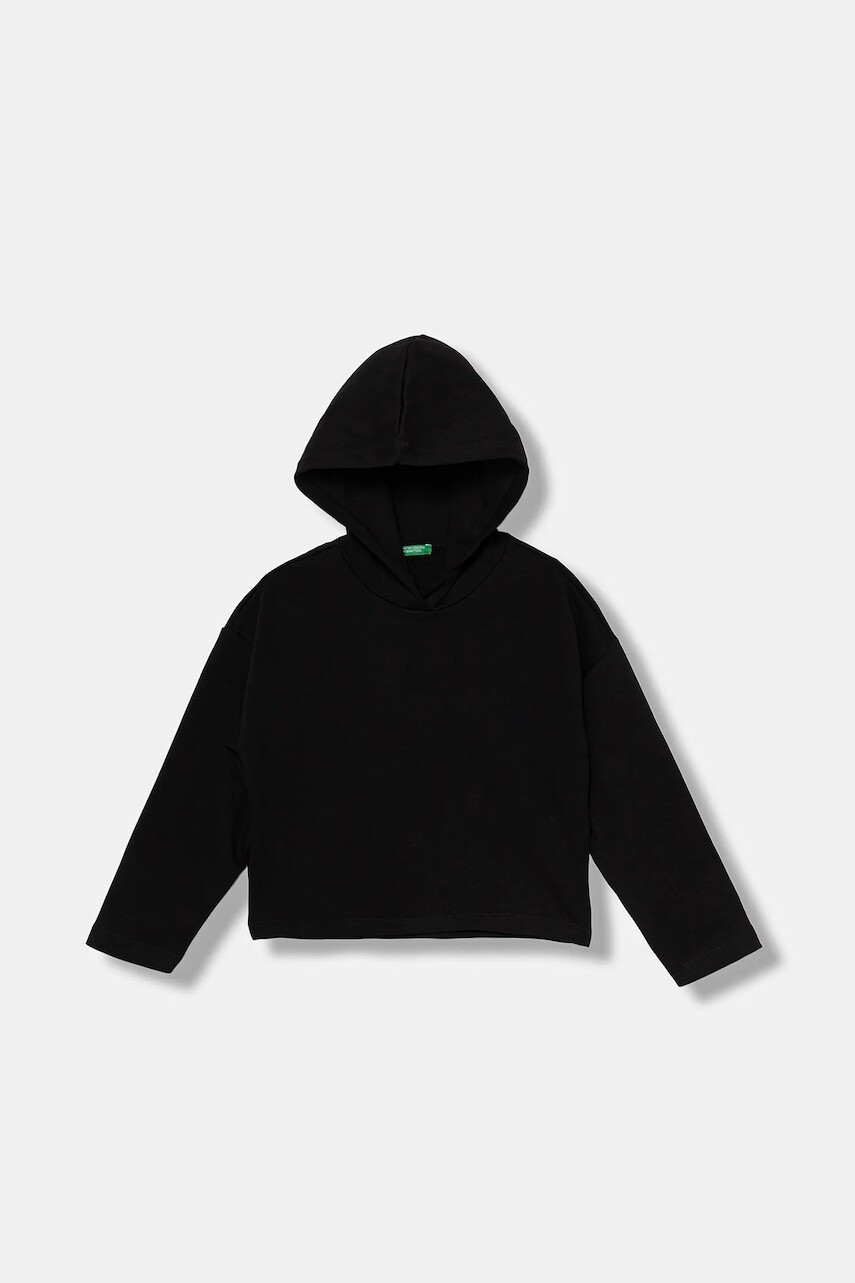 Detská bavlnená mikina United Colors of Benetton čierna farba, s kapucňou, s potlačou, 3NBMC2053